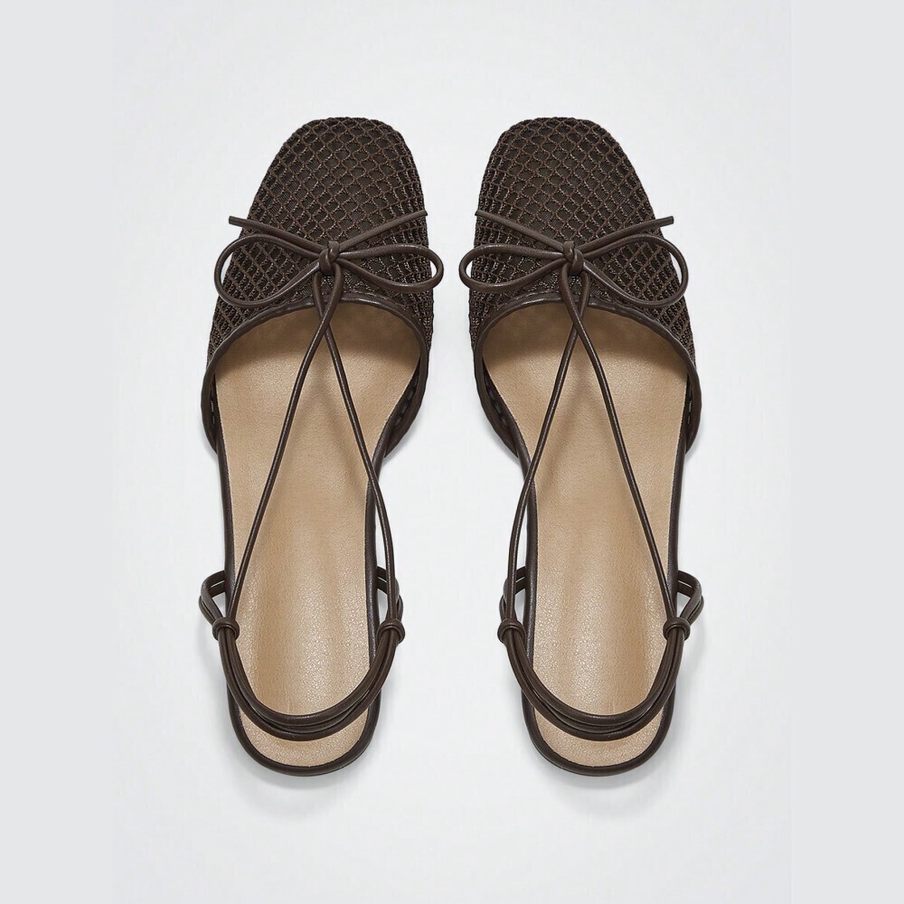 Brown Mesh Bow Tie Ankle Strap Ballet Flats